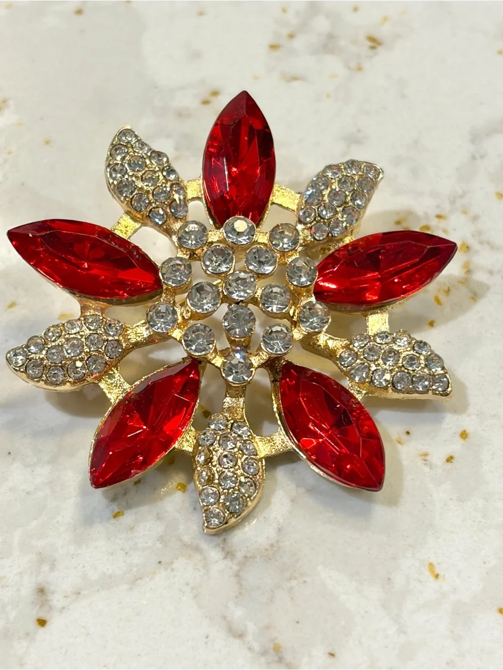 Gold Floral Brooch with Red and Clear Rhinestones